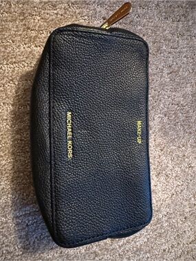 Michael Kors Black Pebbled Leather Travel Makeup Case with Gold Accents